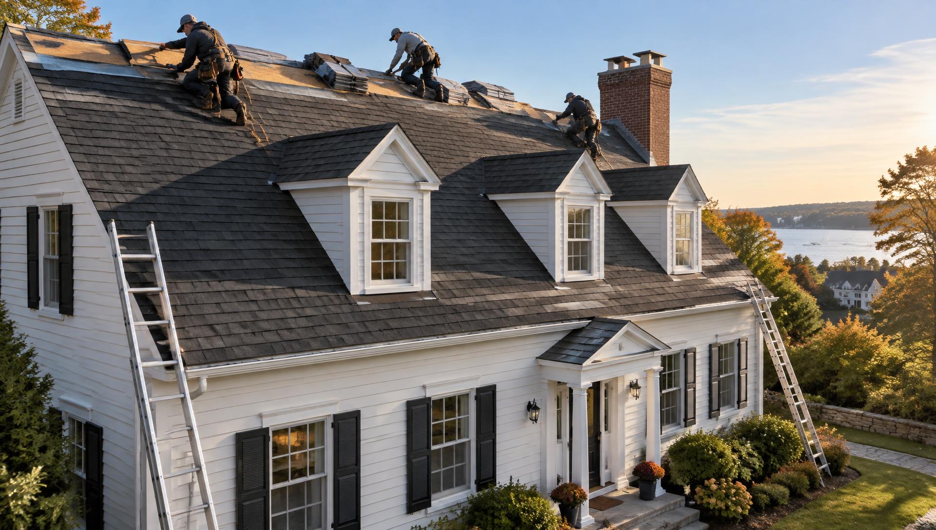 Roofing crew installing new asphalt shingles on a New England colonial home