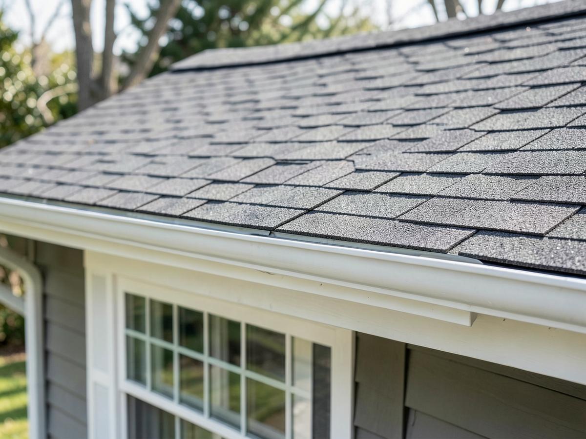 Finished asphalt shingle roof edge with new gutters on a Massachusetts home